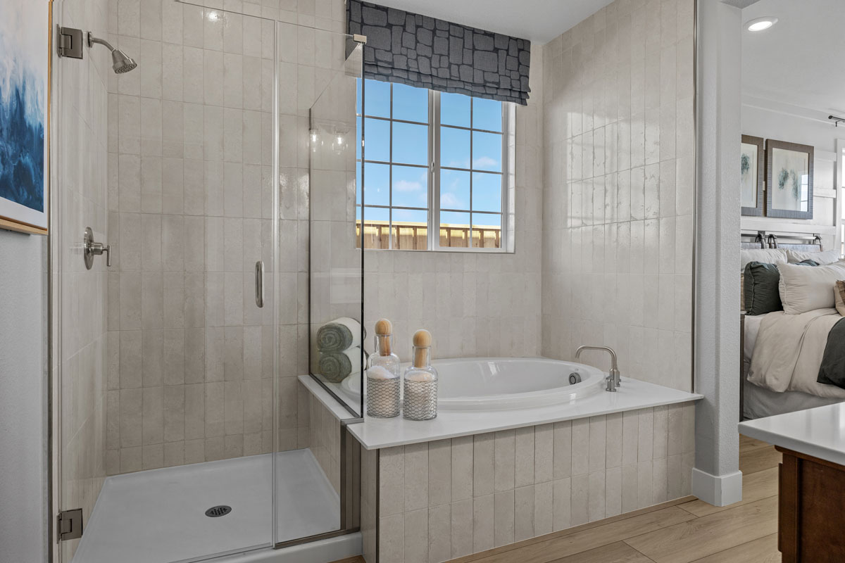 Soaker tub and separate shower at primary bath